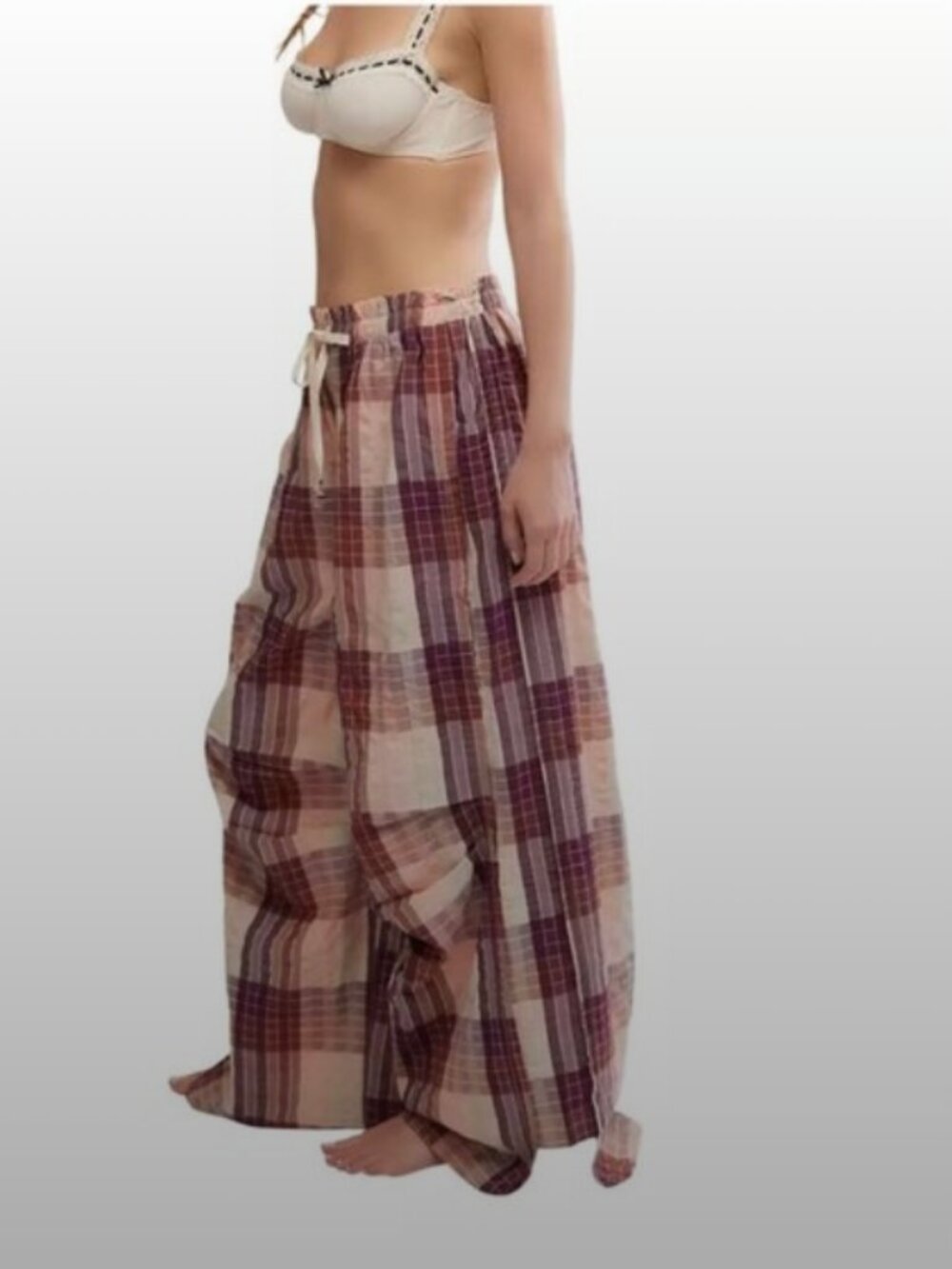 FREE PEOPLE Plaid Wide-Leg Lounge Pants in Mauve, Beige & Burgundy - Picture 5 of 6